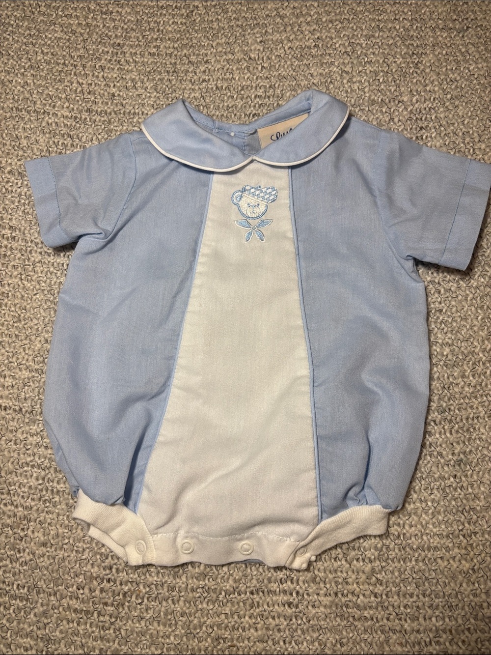 Vintage Style Little Cadet
Embroidered Bear Bubble One-Piece, Size 0-3 Months